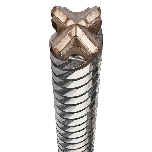Close-up view of the tip of a DEWALT DT60824 concrete drill bit, showing its cross-shaped head and spiral grooves.