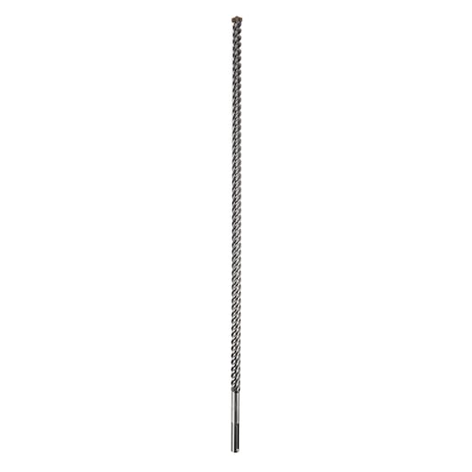 A long, spiral, metal drill bit with a pointed tip, designed for heavy-duty drilling applications, shown vertically against a white background.