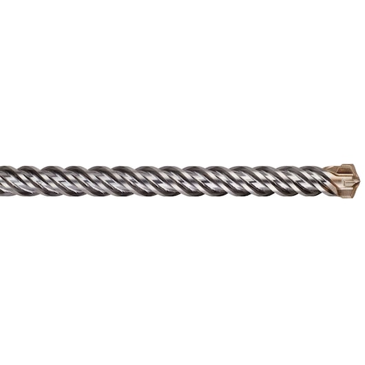 Close-up view of a DEWALT spiral masonry drill bit with a carbide tip, used for drilling into concrete or stone.
