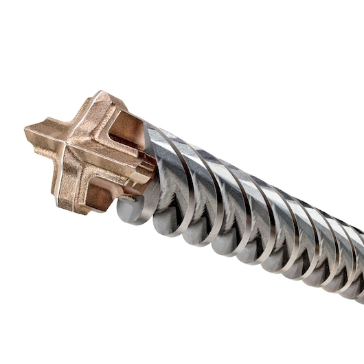 Close-up image of a DEWALT DT60834 masonry drill bit, showing its spiral metal shaft and cross-shaped carbide tip designed for drilling into concrete and stone.