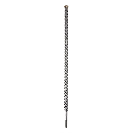 A long, metal spiral drill bit with a pointed tip, shown vertically against a white background.