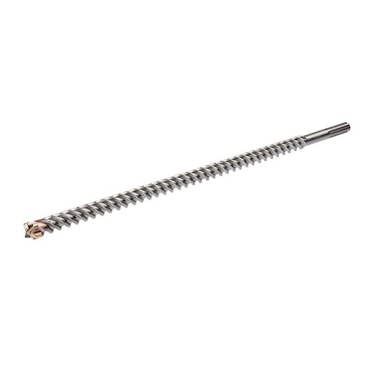 A DEWALT branded long metallic drill bit with a spiral design and a specialized cutting head, shown on a white background.