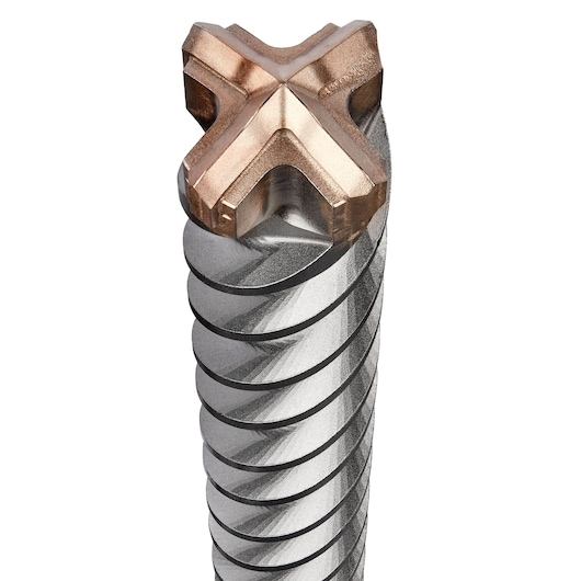 Close-up image of a DEWALT DT60840 masonry drill bit showing the tip with cross-shaped grooves and spiral fluting along the shaft.