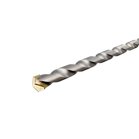 Close-up view of a DEWALT masonry drill bit with a tungsten carbide tip, designed for drilling into tough materials like concrete and stone.