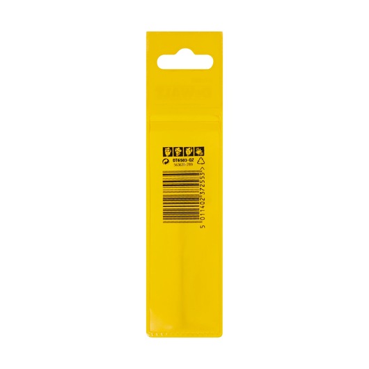 Back view of yellow DEWALT DT6503 packaging with barcode and safety icons.