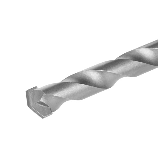 Close-up image of a silver masonry drill bit with a chiseled tip and spiral flutes.
