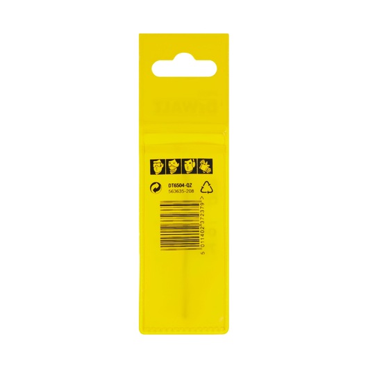 Back view of a DEWALT DT6504 product in yellow packaging, showing safety icons for protective equipment, a barcode, and recycling information.