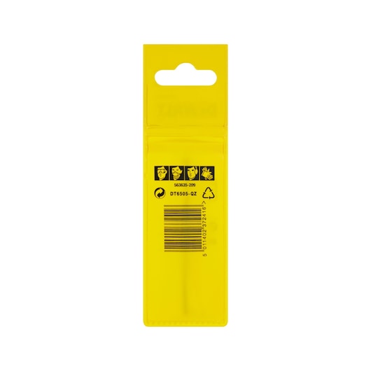 Yellow DEWALT DT6505 packaging with barcode and safety symbols, seen from the back.