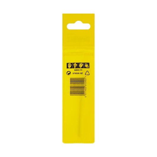 Yellow DEWALT DT6506 drill bit packaging with barcode and safety icons on the back, shown vertically.