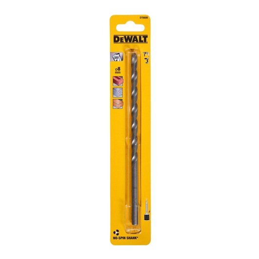 DEWALT DT6608 drill bit, 8mm, in yellow retail packaging, suitable for masonry, brick, and concrete surfaces.