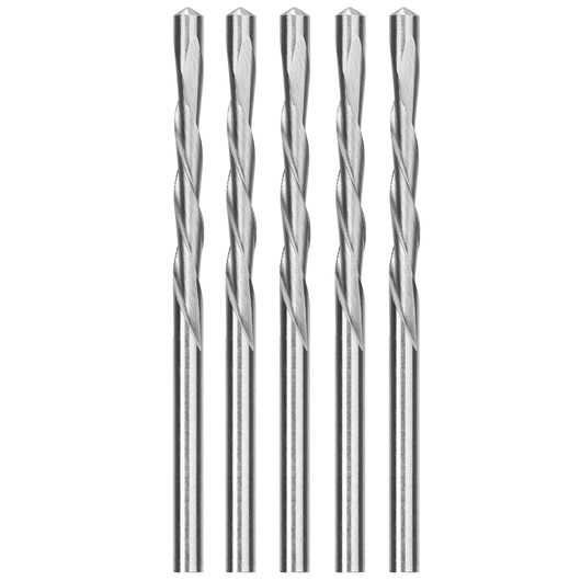 Five DEWALT metal drill bits in a vertical row, silver color, shown on a white background.