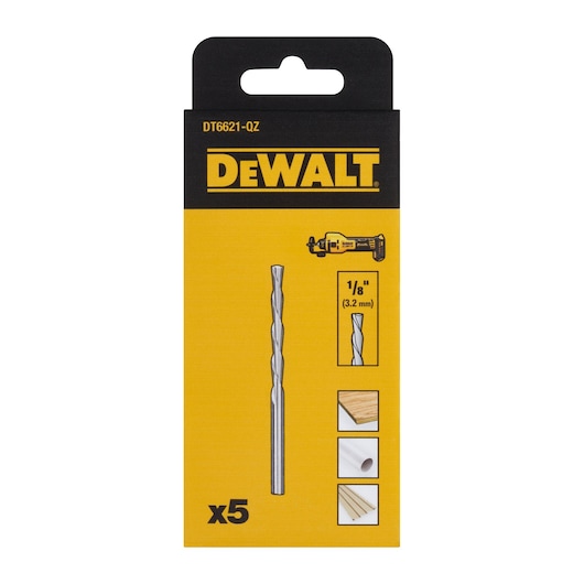 Packaging of DEWALT DT6621 drill bits, showing five 1/8 inch (3.2 mm) bits suitable for wood, plastic, and drywall. The packaging is mainly yellow and black with product illustrations.