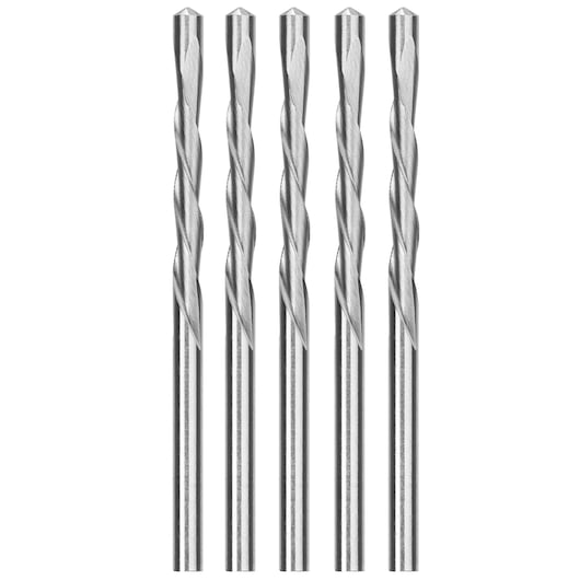 Five silver DEWALT drill bits standing vertically on a white background, shown in a row for display.