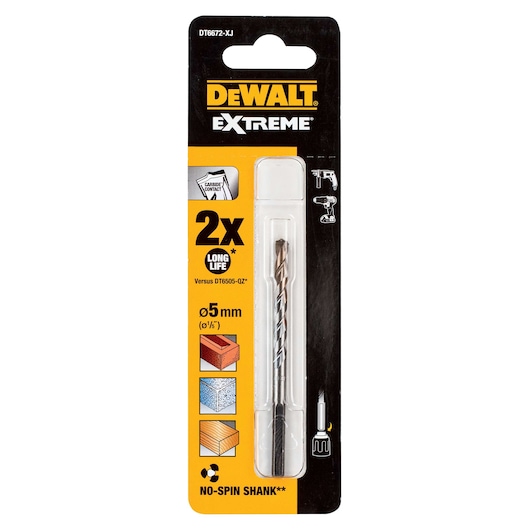 Packaged DEWALT Extreme drill bit, model DT6672-XJ, 5mm diameter. Packaging shows icons for use in brick, concrete, and wood, as well as features like long life and no-spin shank.