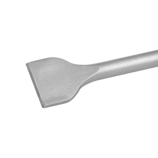 Close-up of a flat metal chisel with a wide blade, suitable for demolition or surface removal tasks.