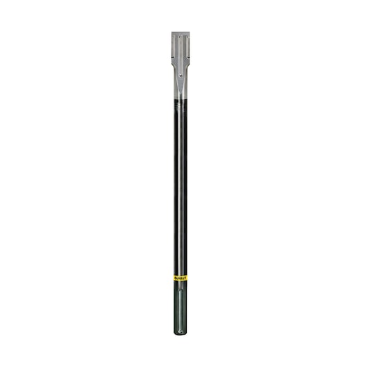 A DEWALT SDS max steel flat chisel with a long, straight black shaft and a flat, wide metal cutting edge at the top. The chisel is shown upright on a white background.