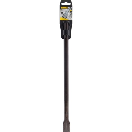 DEWALT DT6812 chisel with a long metal shaft and a flat cutting tip, shown in its packaging.