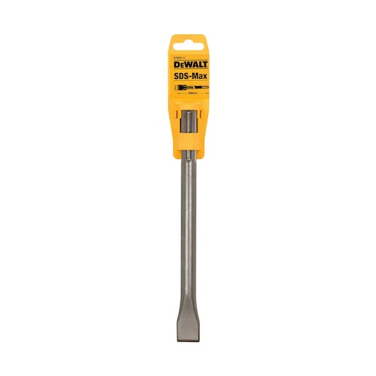 A DEWALT SDS-Max chisel with a yellow label and grey metal shaft, model DT6822, used as a power tool accessory for drilling or chiseling.