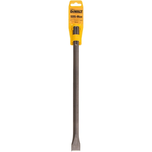 DEWALT SDS-Max chisel, 400mm long, flat tip, shown in packaging, suitable for heavy-duty drilling applications.