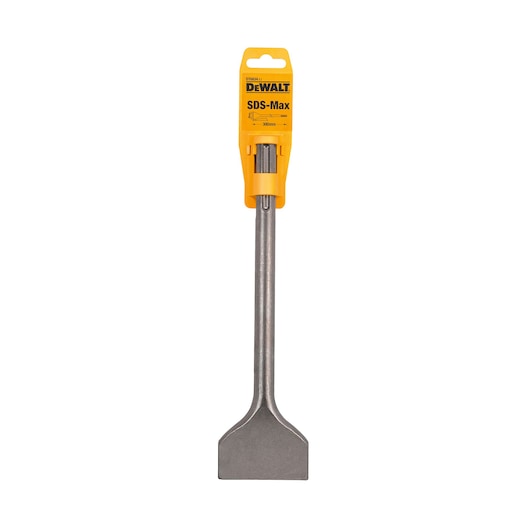 A DEWALT SDS-Max wide chisel with a flat, wide blade and a metal shaft, shown with its yellow packaging. The label displays the brand, model number DT6834, and specifications.
