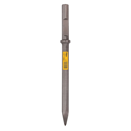 A DEWALT pointed chisel with a hex shank, primarily used for breaking or chipping masonry and concrete. The tool has a steel body and a yellow DEWALT label with product information attached.