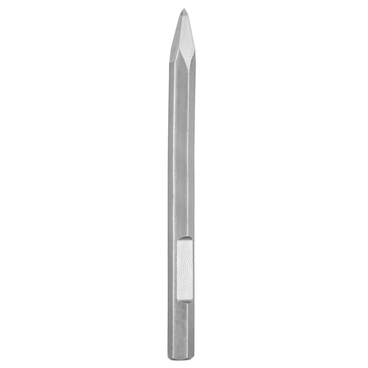 A pointed metal chisel tool with a hexagonal shaft, commonly used for demolition or chiseling in construction work. The background is plain white.