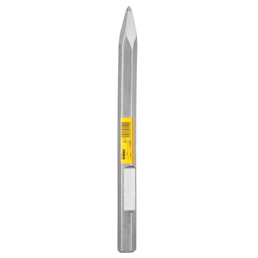 A DEWALT pointed chisel with a yellow label, designed for use with power tools for breaking and chipping hard materials such as concrete. The chisel is metallic, has a hexagonal shank, and is shown upright against a white background.
