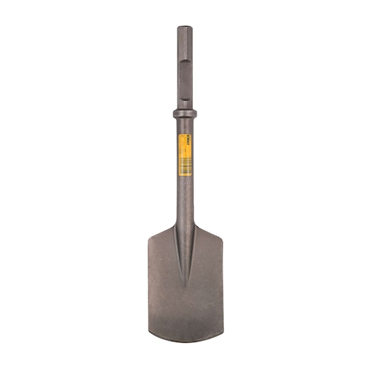 A DEWALT spade chisel with a hexagonal shank, metal construction, and a yellow label, shown standing upright on a white background.