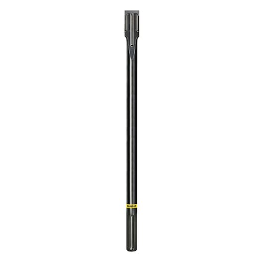 A DEWALT long, flat chisel with an SDS Max shank, designed for use with demolition hammers, shown vertically against a white background.
