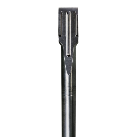 A close-up image of a DEWALT wide flat chisel with a polished steel finish, designed for use with rotary hammers for chiseling and demolition tasks.