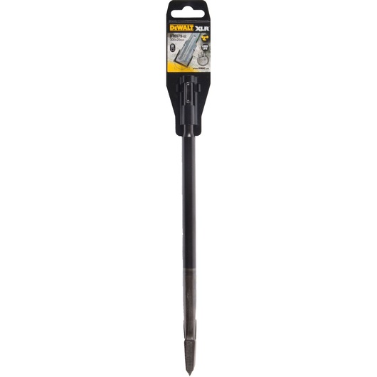DEWALT XLR SDS Plus chisel DT6979, a long, black steel chisel with a flat tip, shown in original retail packaging against a white background.
