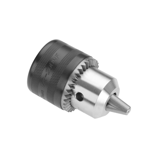 Close-up of a metal drill chuck with a gear-like edge, suitable for holding drill bits, photographed on a white background.
