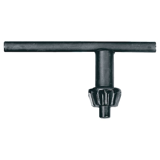 A black metal chuck key, designed for tightening or loosening the jaws of a drill chuck.