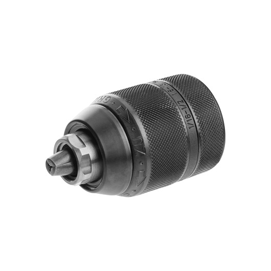 A close-up view of a DEWALT DT7043 drill chuck, designed for securely holding drill bits in power tools. The chuck features a textured grip and markings for size and rotation direction.