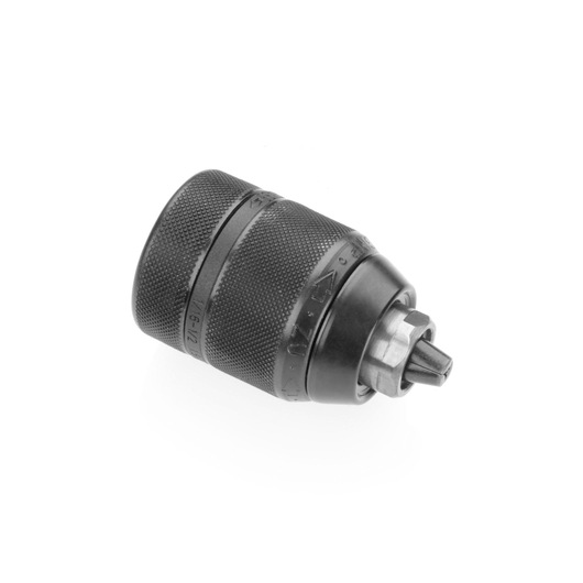 A close-up image of a black metal drill chuck, with textured grip and marked measurements, isolated on a white background.