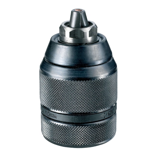 Close-up image of a black metal drill chuck with textured grip used for securely holding drill bits. The chuck is cylindrical and has a robust, industrial design.