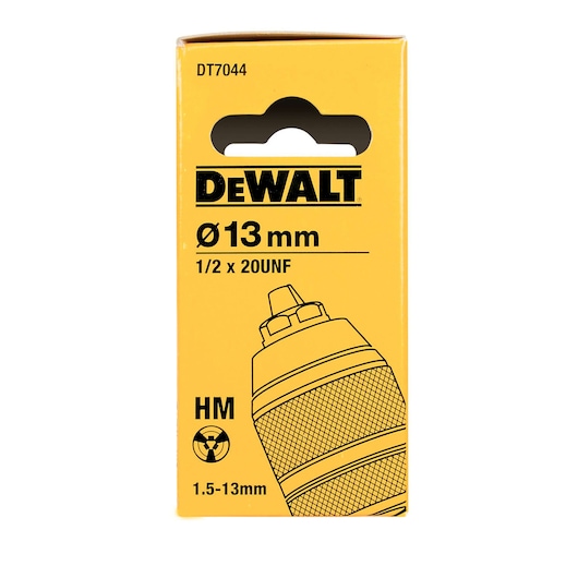 Front view of a yellow DEWALT product box with the model number DT7044, featuring specifications for a 13 mm drill chuck (1/2 x 20 UNF) with a capacity of 1.5-13 mm and a technical illustration of the chuck.