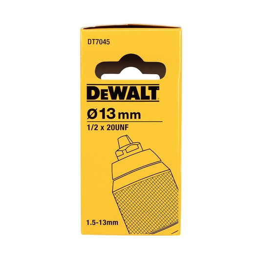 Front view of a yellow DEWALT product box labeled DT7045. The box features black text indicating it contains a 13 mm (1/2 x 20UNF, 1.5-13mm) accessory, with a line drawing of a drill chuck on the front.