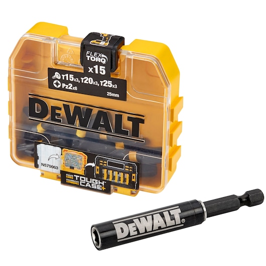 DEWALT DT70522T FlexTorq screwdriver bit set in a yellow case with bit holder for tools.