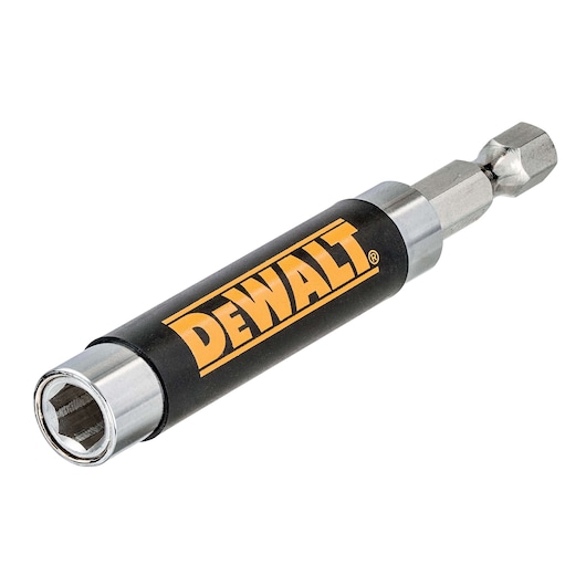 DEWALT magnetic nut driver bit with hex socket and black casing, used for fastening nuts and bolts.