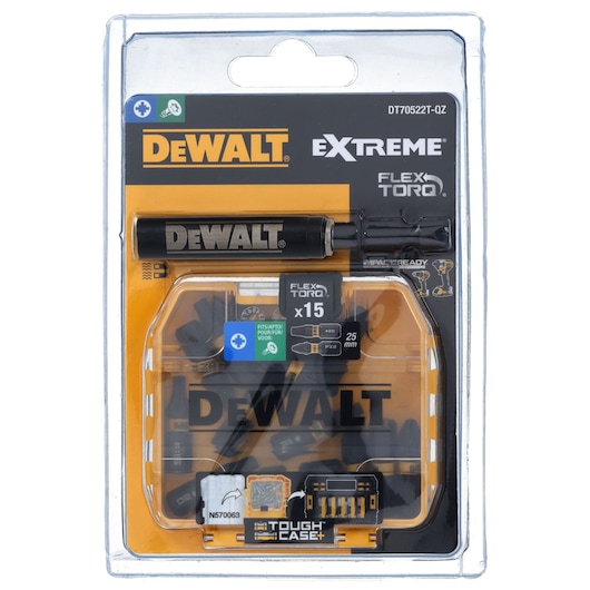 DEWALT DT70522T FlexTorq bit set in retail packaging, includes bits and holder for drilling and driving tasks.