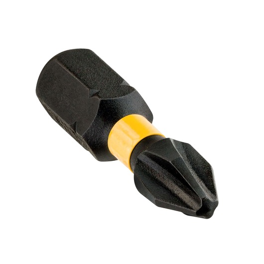 A close-up image of a DEWALT screwdriver bit with a Phillips head and a yellow band near the base.