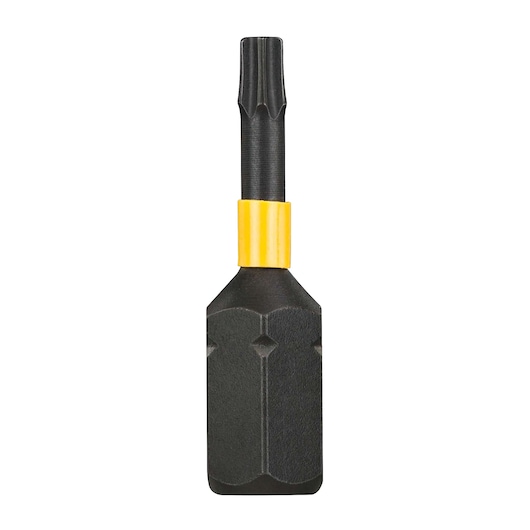 A DEWALT DT70523T screwdriver bit with a black body and a yellow ring, designed for power tool use, presented against a white background.