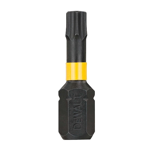 A DEWALT branded black screwdriver bit with a yellow band, designed for power tools.