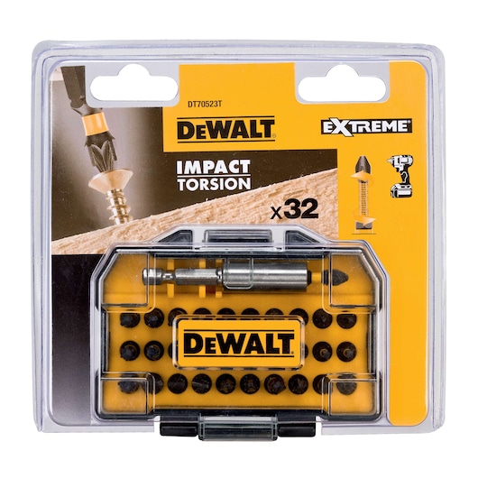 DEWALT Extreme Impact Torsion x32 screwdriver bit set, model DT70523T, in a transparent plastic case with yellow branding. The package shows several screwdriver bits and a bit holder.