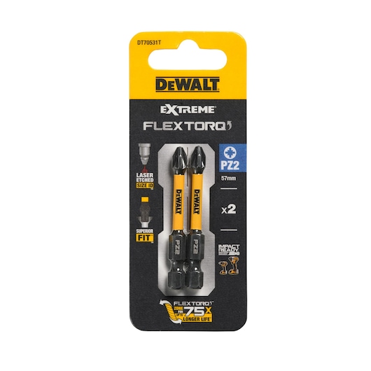 Packaging of DEWALT Extreme FlexTorq PZ2 screwdriver bits, 57mm, pack of 2. The package is primarily black and yellow, with product features such as laser etched size ID, superior fit, and impact ready highlighted on the front.