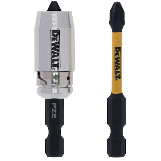 Close-up image of two DEWALT branded drill accessories. On the left is a metallic magnetic bit holder with a black tip and DEWALT logo, and on the right is a screwdriver bit with a yellow and black design, also featuring the DEWALT logo.