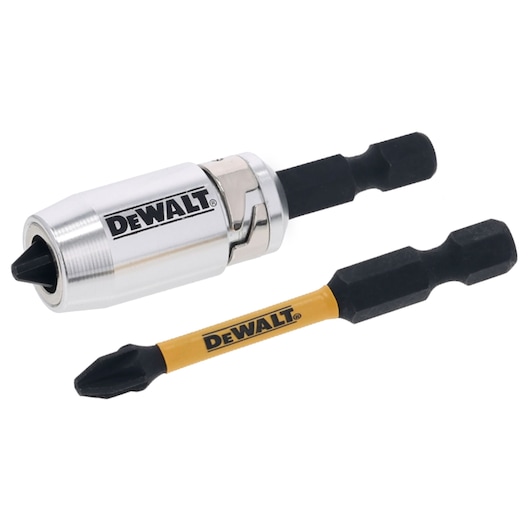 DEWALT branded screwdriver bit holder and screwdriver bit, both featuring hex shanks, shown on a white background.