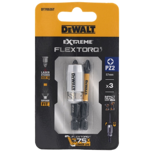 DEWALT DT70535T Extreme FlexTorq PZ2 57mm screwdriver bit set in retail packaging, showing three impact-ready bits and a bit holder, designed for longer life and superior fit.