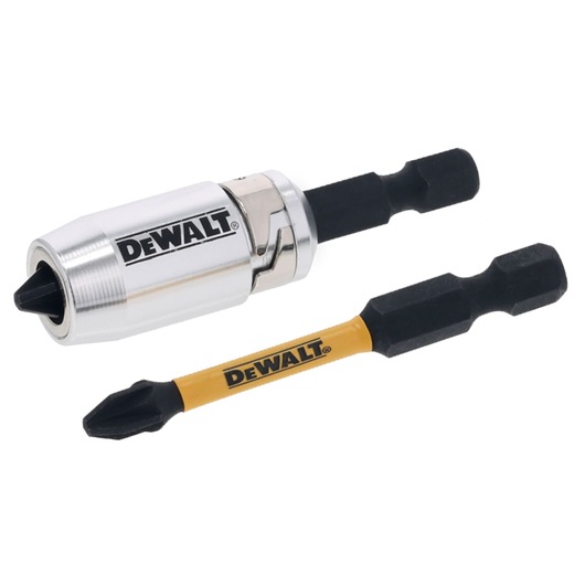 DEWALT screwdriver bit set with magnetic holder and a single yellow Phillips bit.